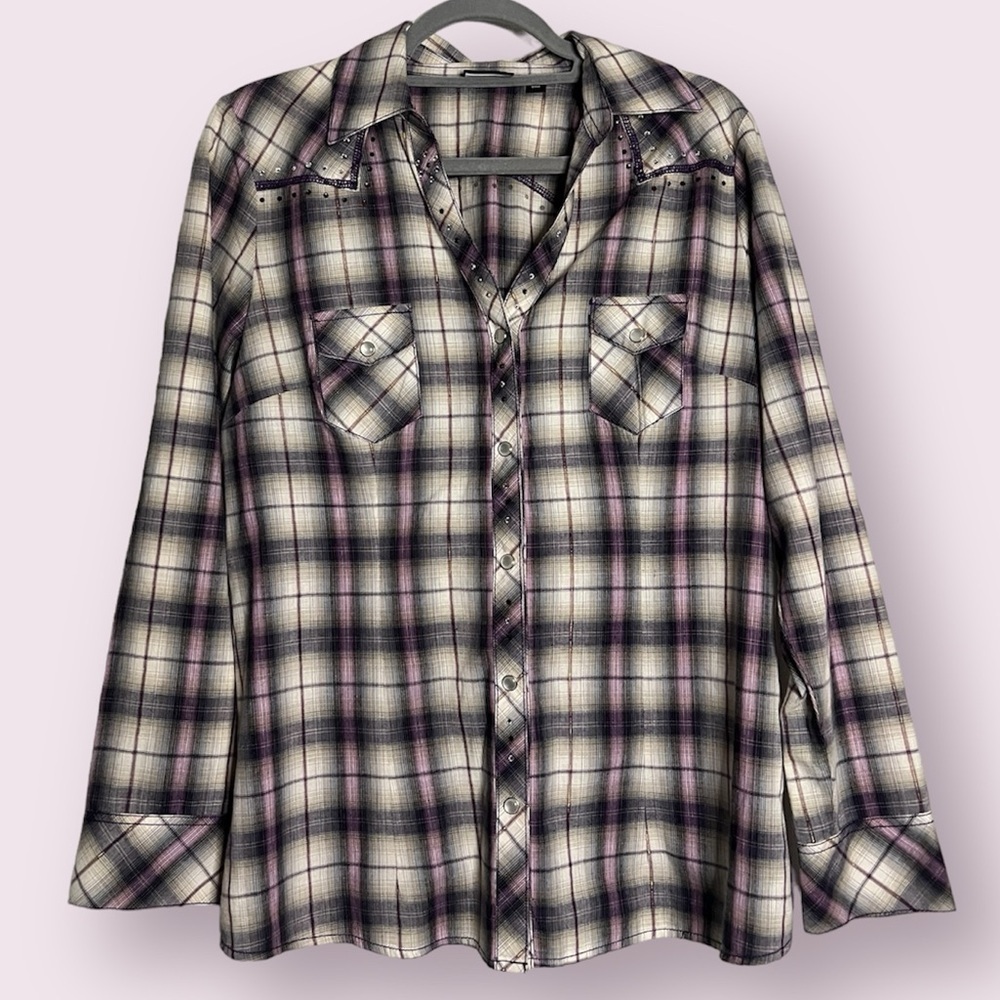 Allen B. By Allen SchwartzPurple Plaid Rhinestone Button Up Shirt Large